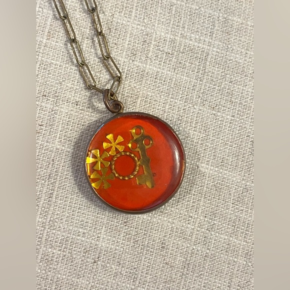 Jewelry - Vintage 1970s Lucite Red Pendant Necklace Key Floral Embedded Retro Boho